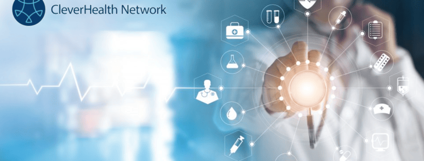 The logo of CleverHealth Network and a doctor holding a stethoscope
